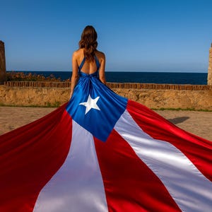 Puede incluir: Un vestido azul con una estrella blanca y rayas rojas y blancas, que se asemeja a la bandera de Puerto Rico. El vestido se muestra al aire libre con el mar de fondo.