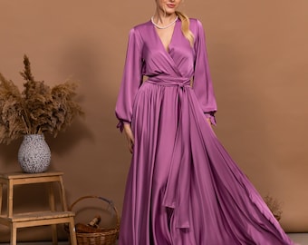 dusty rose long sleeve bridesmaid dresses satin dresses with long sleeves Duntery Bridesmaid Dress Sweetheart Neck Long Sleeves Soft Satin Slit Dress,
