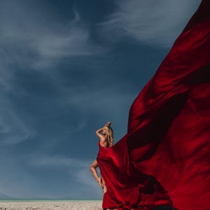 Long Flying Dress For Photoshoot Satin Red Dress With Train Beach Photoshoot Dress Asymmetrical Flying Dress Infinity Flying Dress