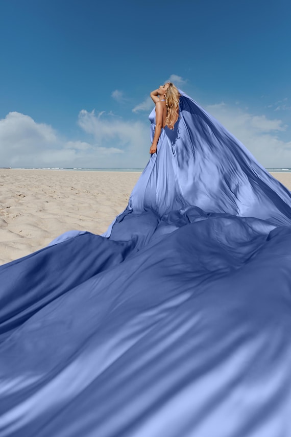 Blue Long Flying Dress for Photoshoot Asymmetrical Flying Dress Flowing Photoshoot Dress Flying Satin Dress Women Flying Dress Long Train