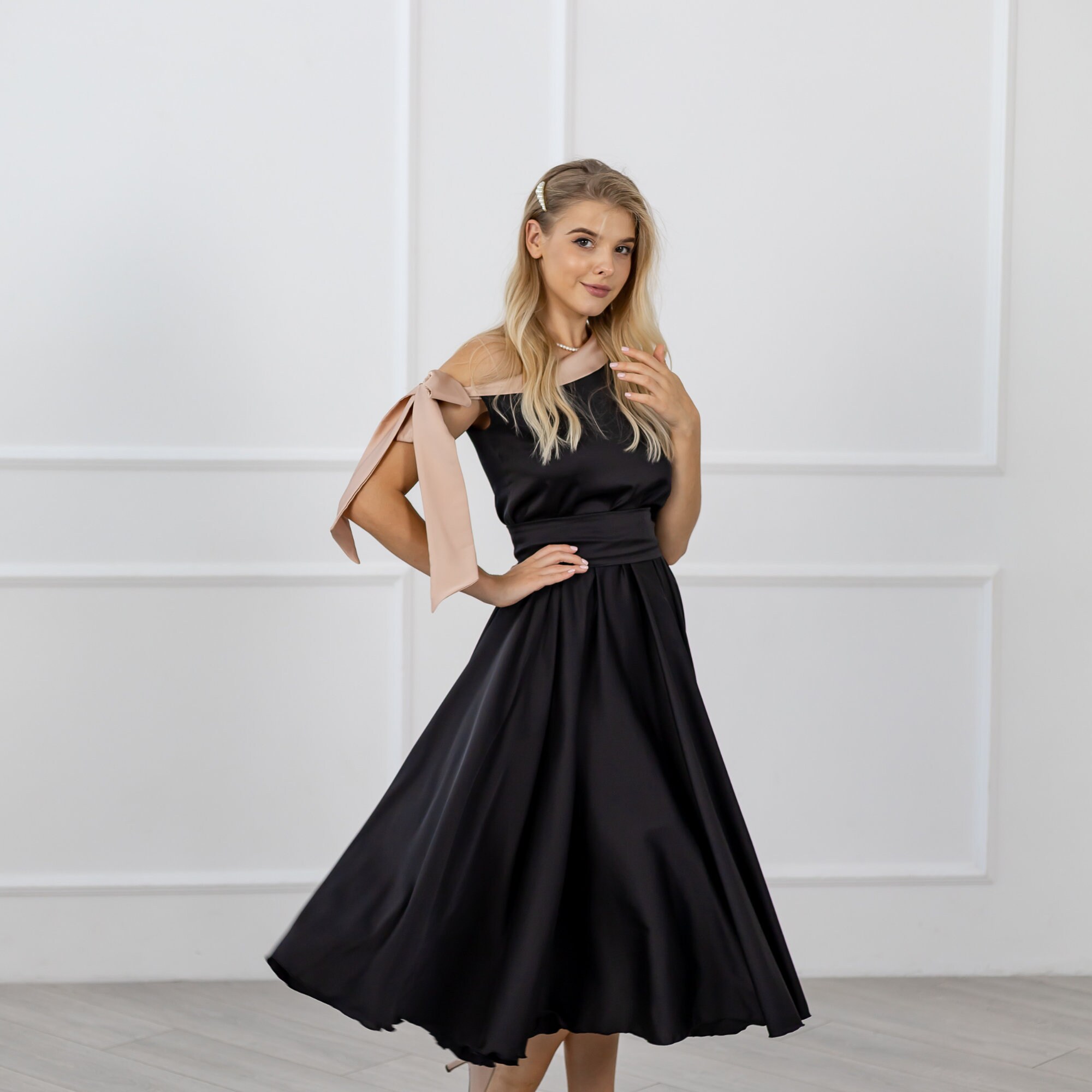 formal little black dress Black Lace Modest Knee Length Formal Prom Evening Dress XLD1012 Custom Size / Black