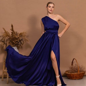 One Shoulder Gown - Wedding Guest Dress - Navy Occasion Dress - Reception Dress - Dark Blue Dress - Satin Blue Bridesmaid Dress - Maxi Dress