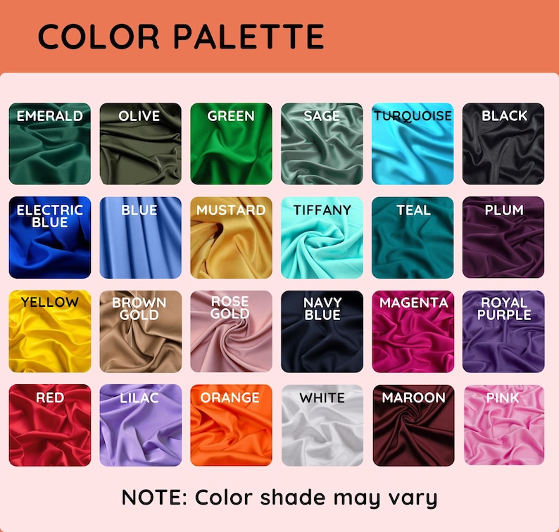 K&ouml;nnte beinhalten: Eine Farbpalette mit 24 verschiedenen Farbmustern. Die Farben umfassen Smaragd, Oliv, Gr&uuml;n, Salbei, T&uuml;rkis, Schwarz, Elektroblau, Blau, Senf, Tiffany, Teal, Pflaume, Gelb, Braun Gold, Ros&eacute;gold, Marineblau, Magenta, K&ouml;nigsblau, Rot, Lila, Orange, Wei&szlig;, Weinrot und Pink. Der Text "HINWEIS: Farbt&ouml;ne k&ouml;nnen variieren" befindet sich am unteren Rand der Palette.