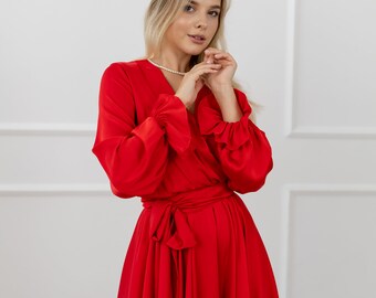 Custom Red Satin Dress - Elegant Cocktail Party Dress to Custom Measurements - Mini Satin Dress - Short Dress with Long Sleeves - 20 colors