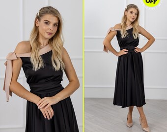 Custom Black Midi One Shoulder Dress - 18 Colors in Palette - Perfect for Special Occasions - Handmade Satin Dress with Attention to Detail