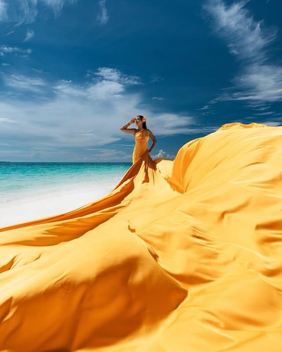 yellow dress beach With A Train Long Flying Dress for Photoshoot Long Flowy Infinity Dress Made-to-order Flowing Dress Adjustable Dress Please do so in