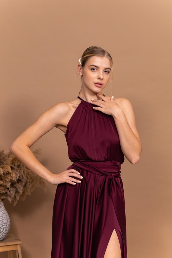 Halter Floor Length Dress Maroon Bridesmaid Dress Cocktail Dress For Woman Satin Maxi Dress For Wedding Guest Special Occasion Dresses