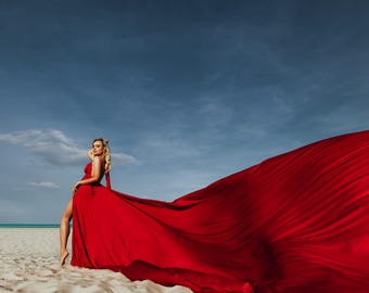 Long Flying Dress For Photoshoot Asymmetrical Flying Dress Red Long Train Dress For Photoshoot Custom Flowing Dress Flowing Beach Dress