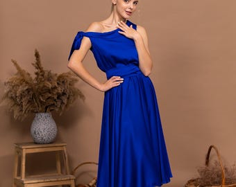 Electric Blue Mid-Calf Cocktail Dress Sleeveless Wedding Guest Dress Tea Length Satin Bridesmaid Dress Custom Evening Gown Flared Midi Dress