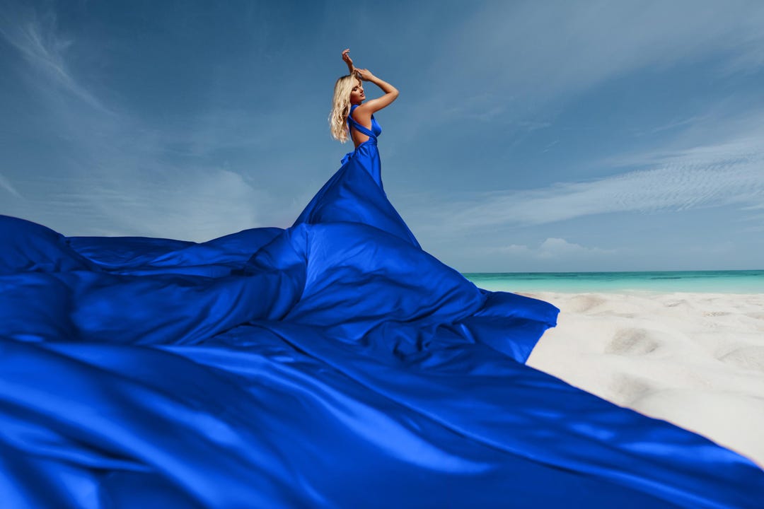 Electric Blue Dress With A Long Train Long Flowy Infinity Dress Flying Dress for Photoshoot Backless Flying Dress Beach Photoshoot Dress