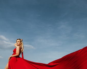 red flowy dress photoshoot Long Flying Dress for Photoshoot Red Dress With Train Flying Dress Women  Dramatic Flowy Dress Flying Skirt Convertible Flying Dress