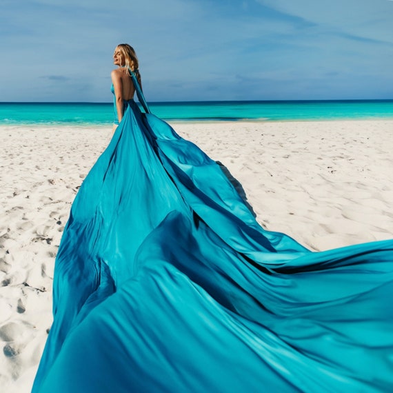 Turquoise Dress With Train Long Flying Dress for Photoshoot Backless Flying  Dress Flowing Beach Dress Flying Dress Long Train - Etsy Israel