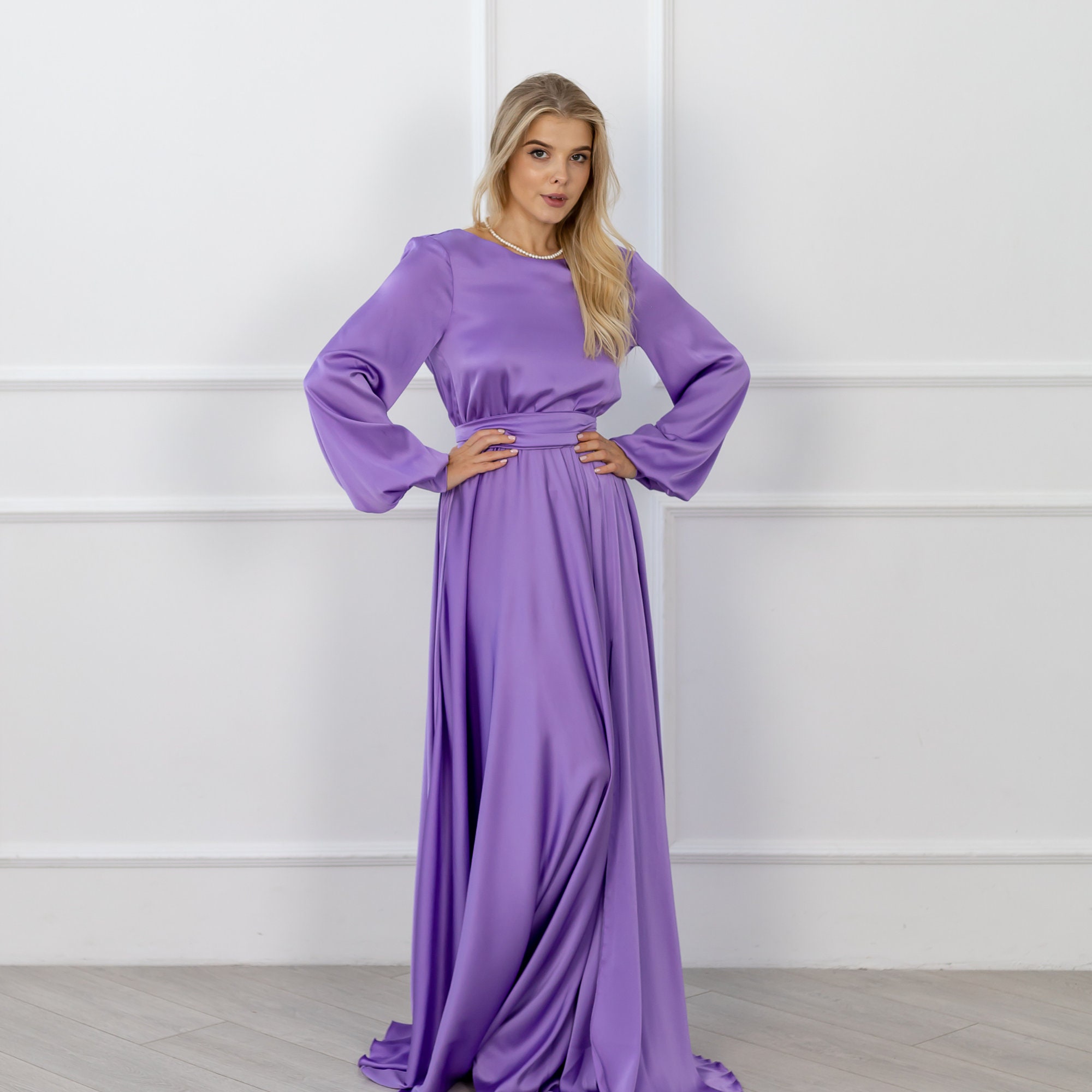 Lilac Long Bridesmaid Dresses Long Sleeve Maxi Formal Gown Satin Cocktail  Dress Elegant Dress for Woman Wedding Guest Custom Evening Gown - Etsy