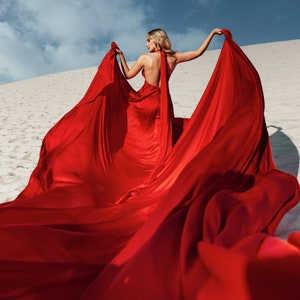 Queen Flying Dress Red Satin Long Flying Dress For Photoshoot Plus Size Custom Flying Dress One Fits All Made-To-Order Flowing Beach Dress