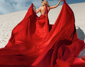 Queen Flying Dress Red Satin Long Flying Dress For Photoshoot Plus Size Custom Flying Dress One Fits All Made-To-Order Flowing Beach Dress