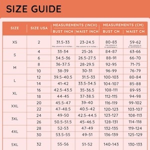 the size guide for a women's dress