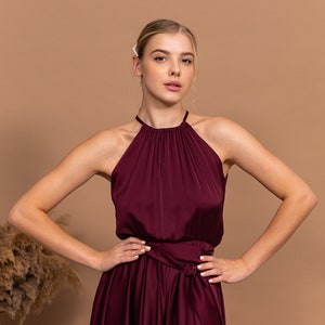 Maroon Halter Neckline Dress Formal Dresses For Women Wedding Guest Custom Evening Gown Long Bridesmaid Dress Sleeveless Satin Flowy Dress