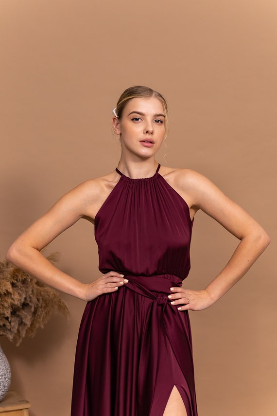 Maroon Halter Neckline Dress Formal Dresses for Women Wedding Guest Custom Evening Gown Long Bridesmaid Dress Sleeveless Satin Flowy Dress - Etsy Israel Maroon Halter Neckline Dress Formal Dresses for Women Wedding Guest Custom Evening Gown Long Bridesmaid Dress Sleeveless Satin Flowy Dress - Etsy Israel