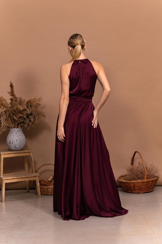 Halter Floor Length Dress Maroon Bridesmaid Dress Cocktail Dress For Woman Satin Maxi Dress For Wedding Guest Special Occasion Dresses Halter Floor Length Dress Maroon Bridesmaid Dress Cocktail Dress For Woman Satin Maxi Dress For Wedding Guest Special Occasion Dresses