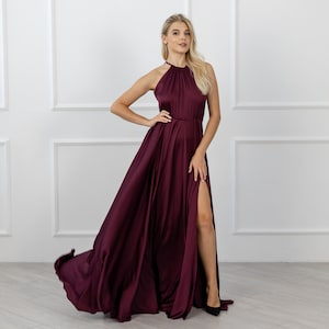 Maroon Night Out Dress Halter Satin Bridesmaid Dress Maxi Dress For Wedding Guest Sleeveless Cocktail Dress For Woman Evening Dress Long