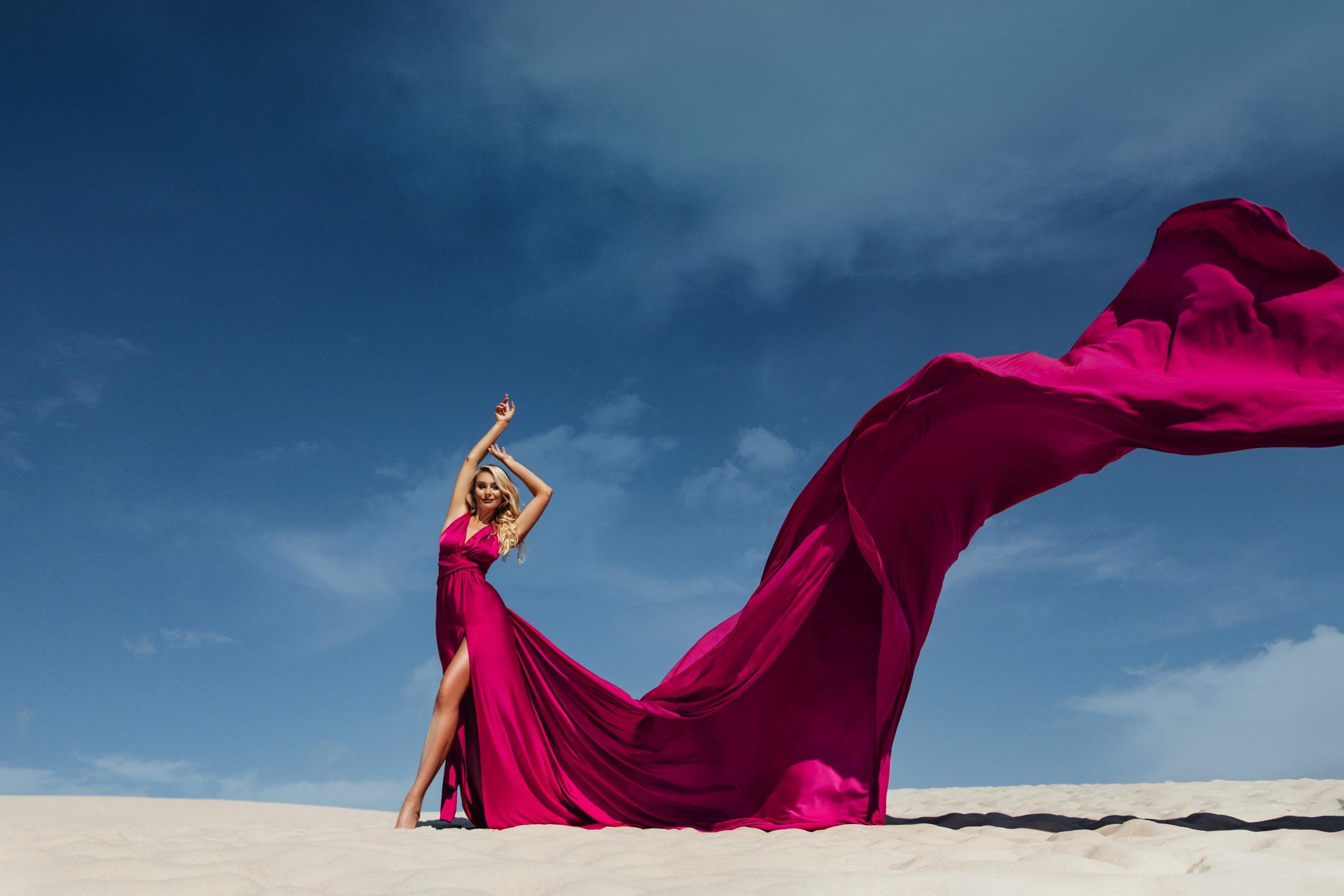 Long Flying Dress for Photoshoot Magenta Asymmetrical Flying Dress Satin Plus Size Custom Flying Dress One Fits All Infinity Beach Dress