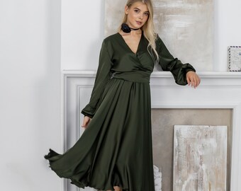 Olive Green Midi Dress -Made to your Measurements - Flattering Flared Skirt - Multiple Color Choice - Wedding Guest Dress - Midi Satin Dress