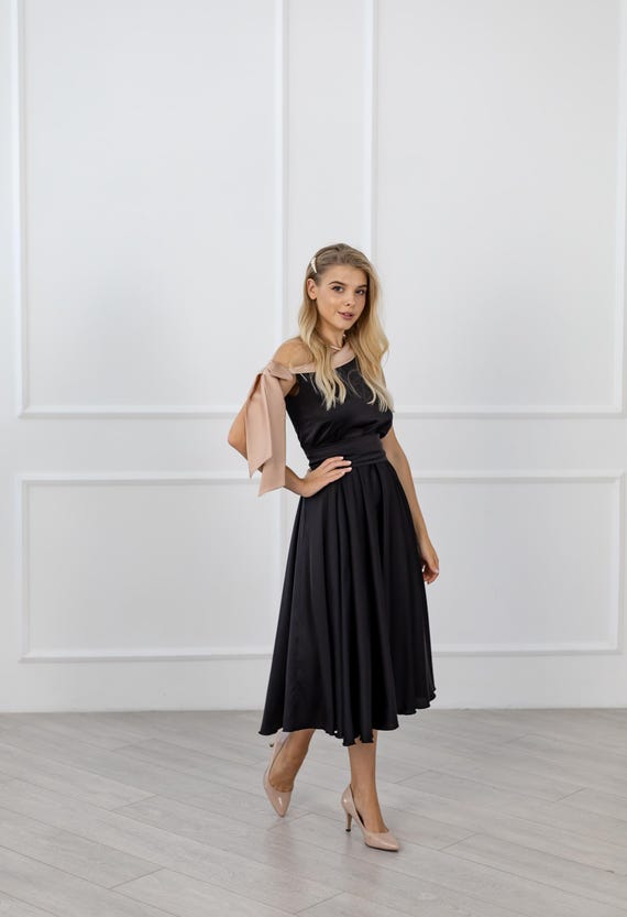 Formal One Shoulder Dress Black Bridesmaid Dress Tea Length Cocktail Dress For Wedding Guest Sleeveless Satin Flowy Dress Customized Gown Formal One Shoulder Dress Black Bridesmaid Dress Tea Length Cocktail Dress For Wedding Guest Sleeveless Satin Flowy Dress Customized Gown