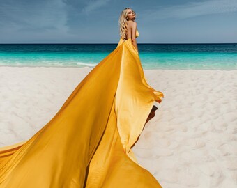 Long Flying Dress For Photoshoot Yellow Dress With A Train Asymmetrical Flying Dress Flowing Beach Dress Infinity Dress Photoshoot Fly Dress