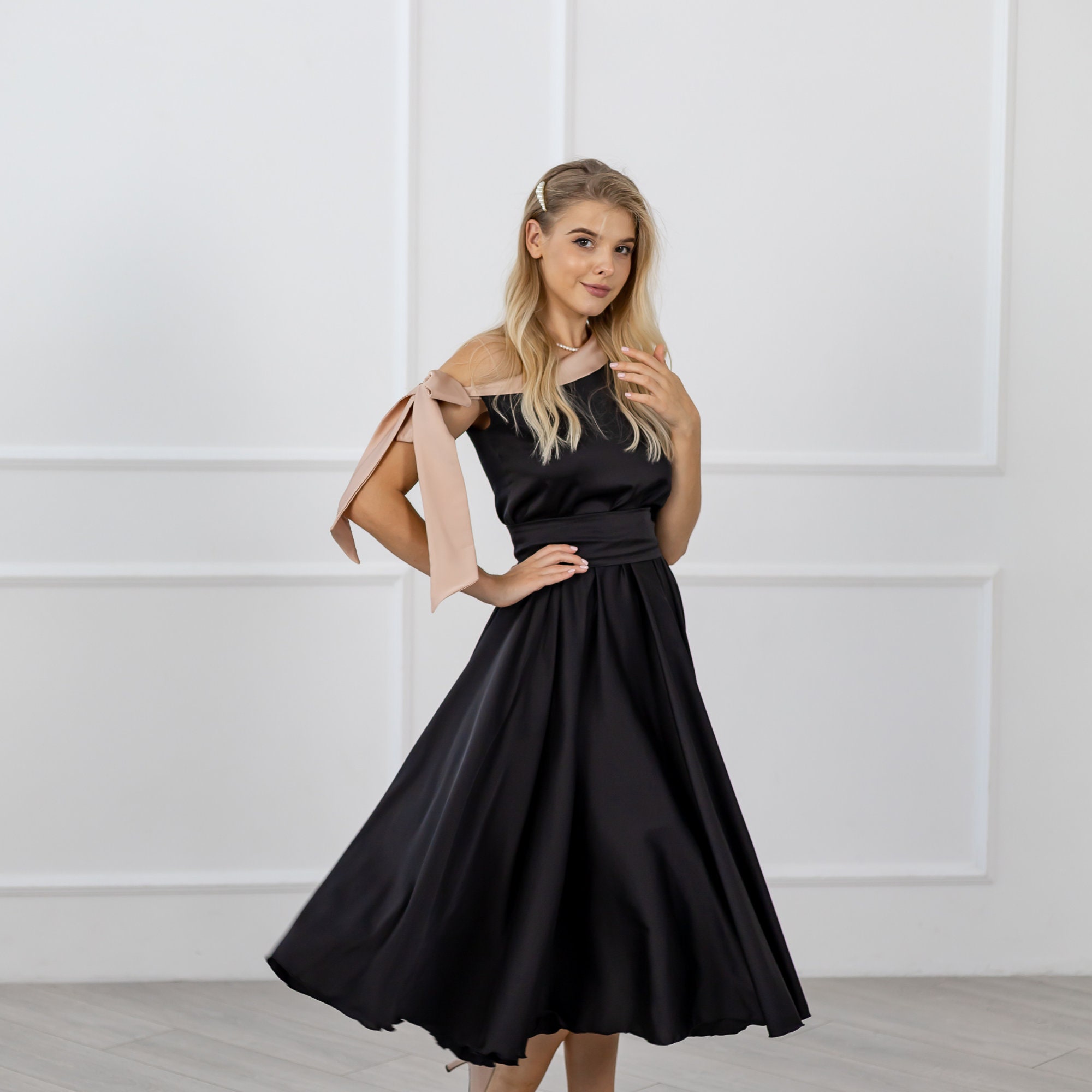 Black satin tea length dresses hot sale