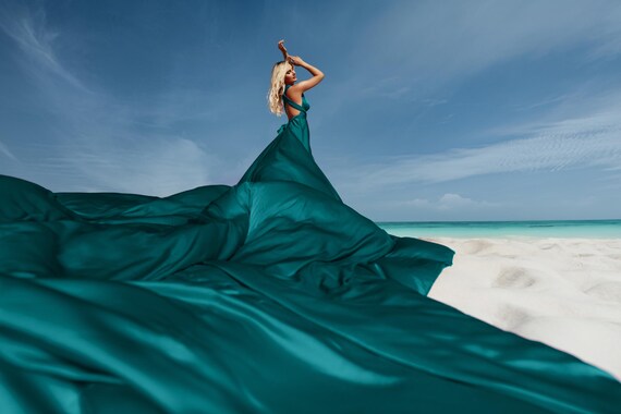 Long Flowy Infinity Dress Satin Teal Infinity Style Flying Long Dress Flowing Beach Dress Plus Size Custom Flying Dress One Fits All