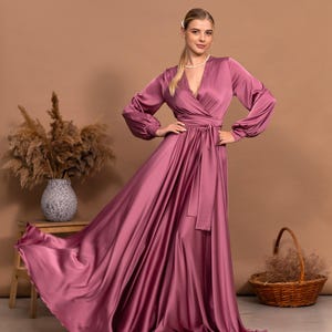 Long Sleevs Bridesmaid Dress Long Dress V-Neck Maxi Flared Dress For Wedding Guest Long Sleeve Evening Gown Satin Cocktail Dress Elegant