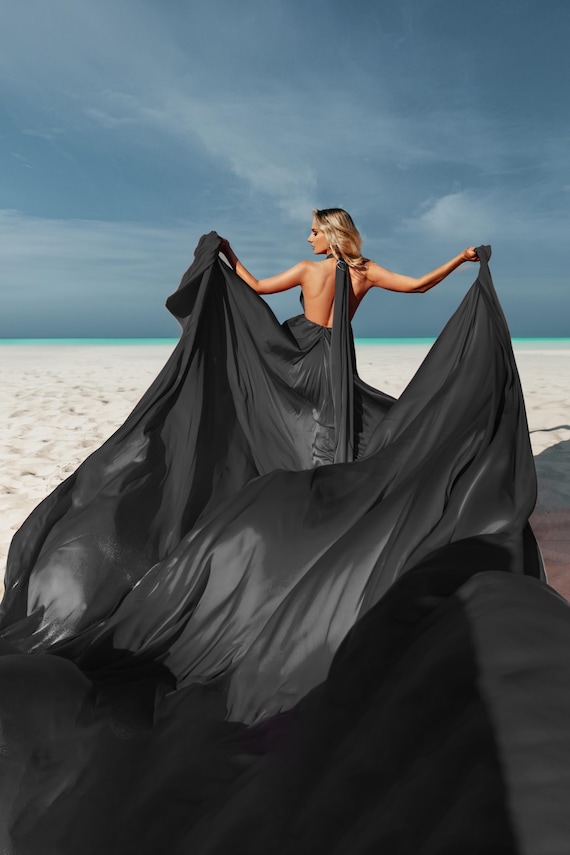infinity dress beach Flying Black Dress Photoshoot Long Flying Dress For Photoshoot Satin Long Train Dress For Photos Flowing Dress Mini dress