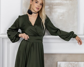 women's olive green fall dress Olive Green Satin Asymmetrical Midi Dress | Womens | Small (Available in M, L) | 100% Polyester | Lulus