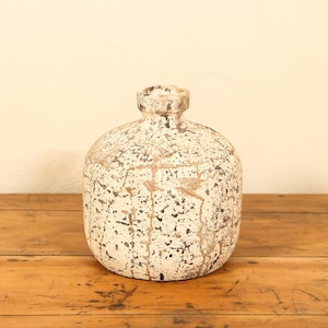 Peut inclure: Vase en céramique blanche avec une finition mouchetée et vieillie. Le vase a un corps rond et un col étroit.