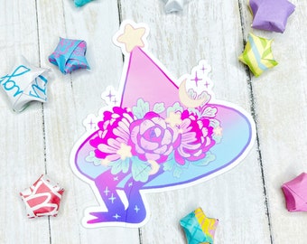 Cute 90s Retro Pastel Witch Hat Sticker with Flowers Stars and Moon, Pastel Goth, Aesthetic Cottagecore Witchy for planners scrapbooking