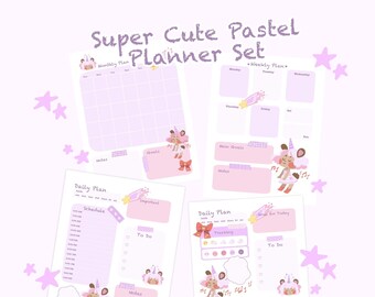 Set of 4 Digital Download Pastel Planner Pages 8.5x11 Letter size A4 Cute Kawaii Unicorn Bear Cartoon Art Journal Illustration