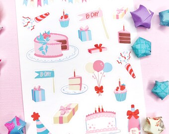 Cute Pink Teal Birthday Stickers for Planners and Bullet Journals - Birthday Cake Stickers, Birthday Present Stickers, Cupcake Stickers