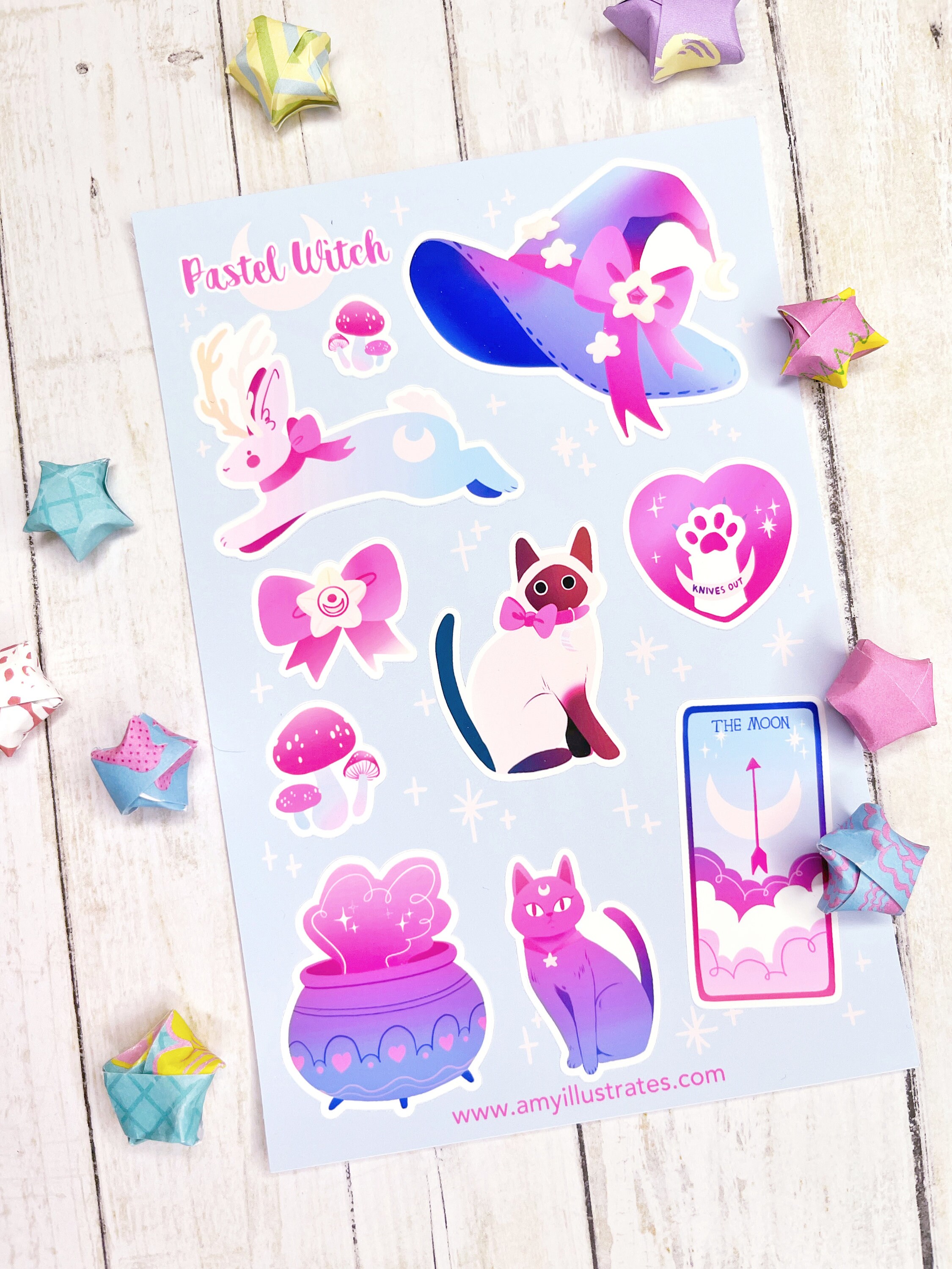 Cute Pastel Witch Magical Girl Sticker Sheet Witch Hat, Jackalope, Kawaii Black Cat Moon Witchy