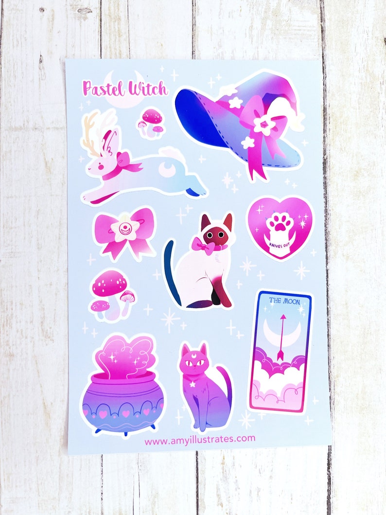 Cute Pastel Witch Magical Girl Sticker Sheet Witch Hat, Jackalope, Kawaii Black Cat Moon Witchy