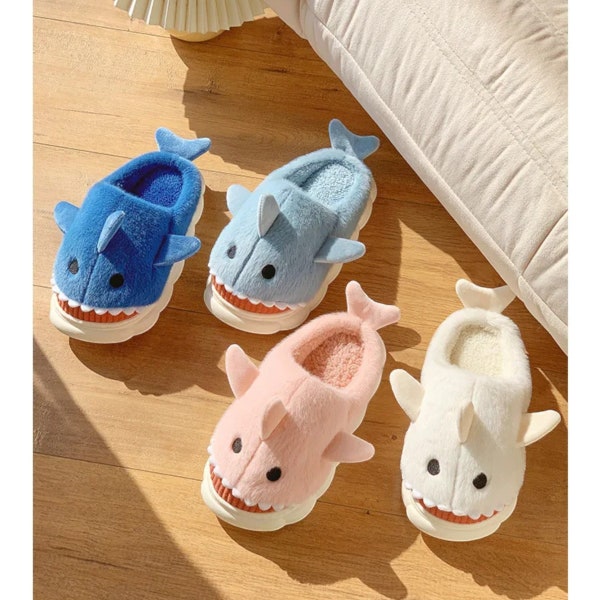 Cute Cartoon Shark Cotton Slippers: Warm and Fluffy Indoor Slippers for Women and Kids