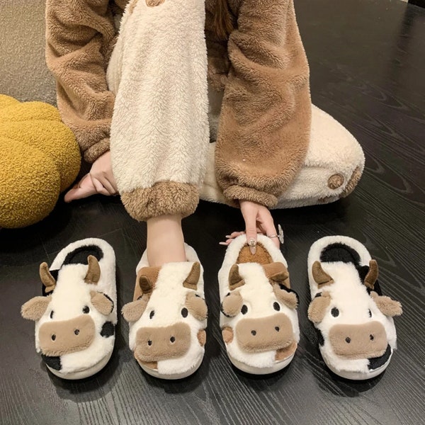 Cute Fluffy Winter Slippers for Women and Girls - Kawaii Cartoon Cow Print Plush Slippers - Comfy Indoor Shoes