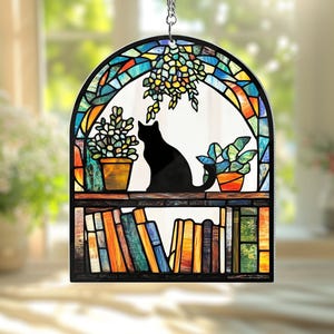 Cat Book Acrylic Window Hanging Ornament, Custom Reading Cat Acrylic Window Hanging, Book Window Decor, Book Lover Gift, Cat Lover Gift