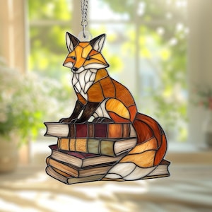 Custom Faux Stained Glass Fox on Book Acrylic Suncatcher, Acrylic Fox Book Lover Gift, Acrylic Window Hanging for Library and Home Decor