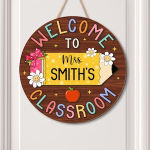 Personalisierter Lehrer Türschild, Lehrer Türschild, Klassenzimmer Dekor, Benutzerdefinierte Lehrer Namensschild, Willkommen Klassenzimmer Zeichen, Blumenholzschild