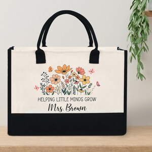 Teacher Tote Bag with Custom Name - Helping Little Minds Grow - Thank You Gift- Custom Teacher Tote Bag- Personalized Teacher Name Gifts