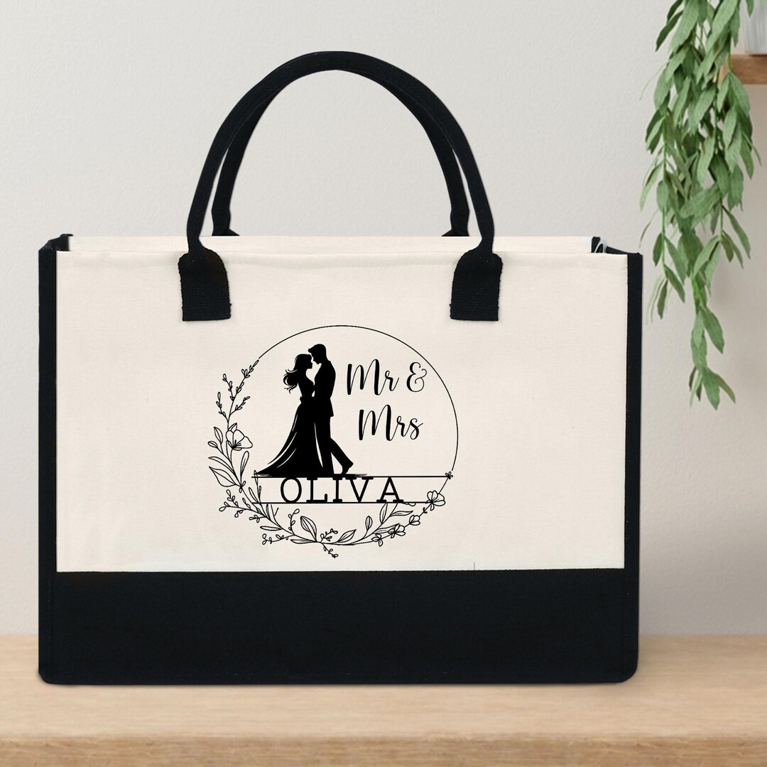 Personalized Wedding Tote Bag With Couple Silhouette, Custom Mr and Mrs ...