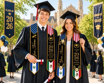 Custom Printed Three Flags Graduation Stole 2026, Mexico El Salvador USA Mixed Flag Grad Sash with Name, Triple Country Graduation Stole