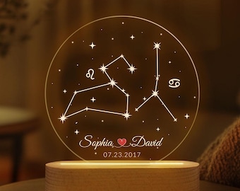 Lámpara LED personalizada con signo del zodiaco, constelación, nombre y fecha. Regalo para pareja con base de luz negra. Luz nocturna con mapa estelar para decoración.