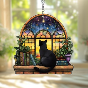 Black Cat And Book Acrylic Suncatcher, Book Window Decor, Book Lover Gift, Reading Cat Acrylic Window Hanging,Cat Lover Gift, Librarian Gift
