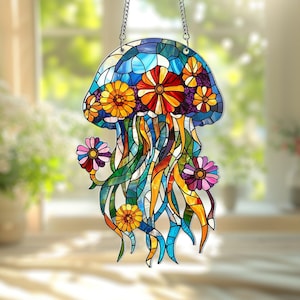 Jellyfish Acrylic Suncatcher, Ocean-Inspired Acrylic Window Hanging, Coastal Home Decor, Sea Lover Gift, Faux Stained Glass Jellyfish